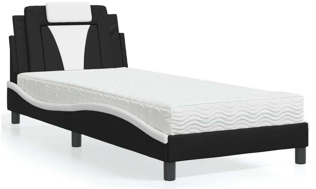 Cama com colchão 90x200 cm couro artificial preto e branco