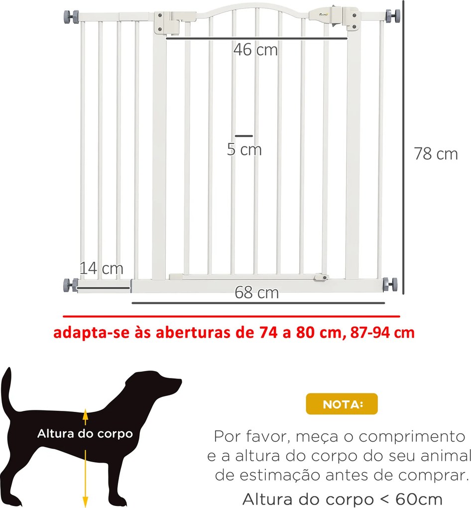 Barreira de Segurança para Cães com Largura Ajustável 74-94 cm e Extensão para Escadas e Portas Branco