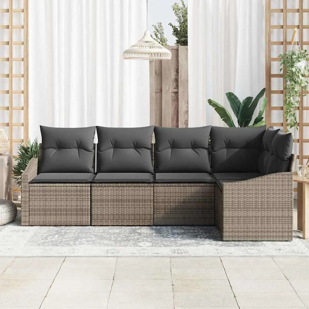 Conjunto de Sofá de Jardim de 5 Peças com Almofadas Cinza em Rattan Si