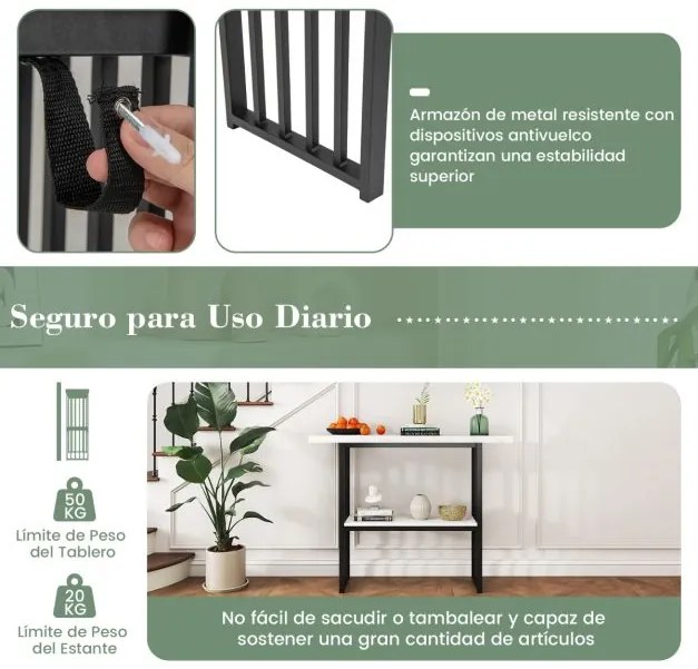 Mesa de 2 níveis com prateleira aberta, estrutura em aço dourado para sala de estar ou corredor, 120 x 29,5 x 92,5 cm, preto e branco