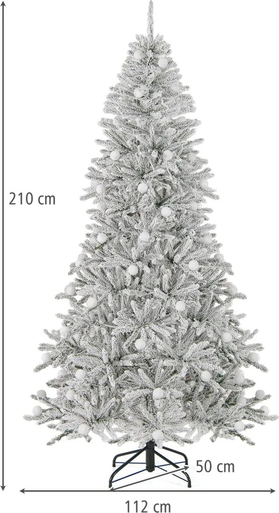 Árvore de Natal artificial nevada com 210 cm, 65 luzes esféricas, 350 luzes LED brancas quentes, 905 pontas de ramos e temporizador prateado