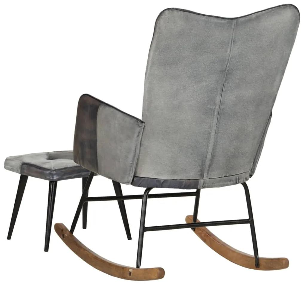 Cadeira de baloiço c/ apoio de pés couro genuíno/lona cinzento
