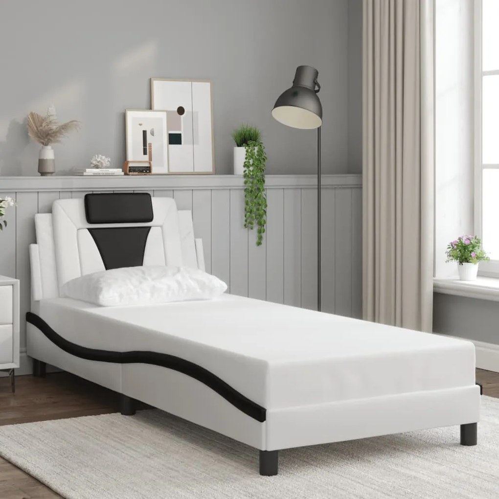 Estrutura cama c/ luzes LED 80x200 cm couro artif. branco/preto