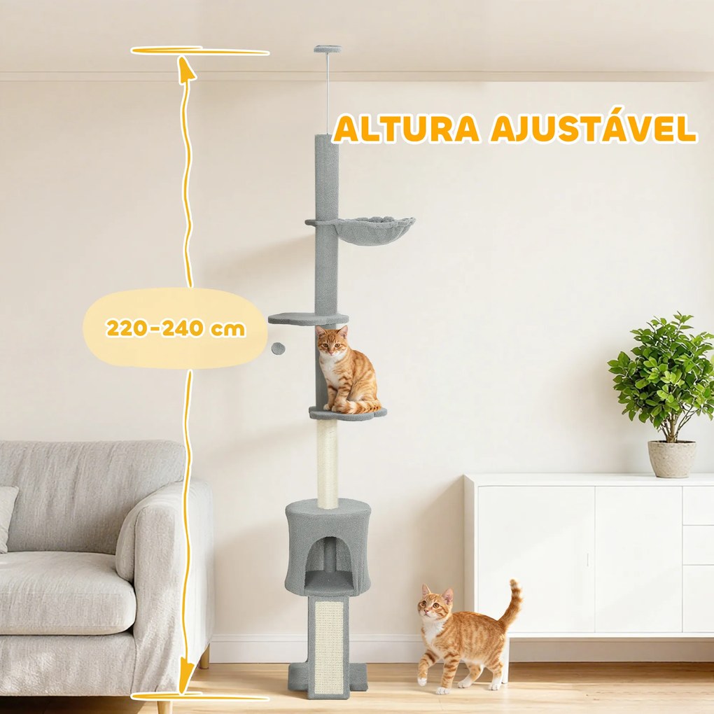 Arranhador para Gatos de Chão a Teto com Altura Ajustável de 220-240 cm Rede Plataformas em Flor Cavernas Rampa e Bola Cinza