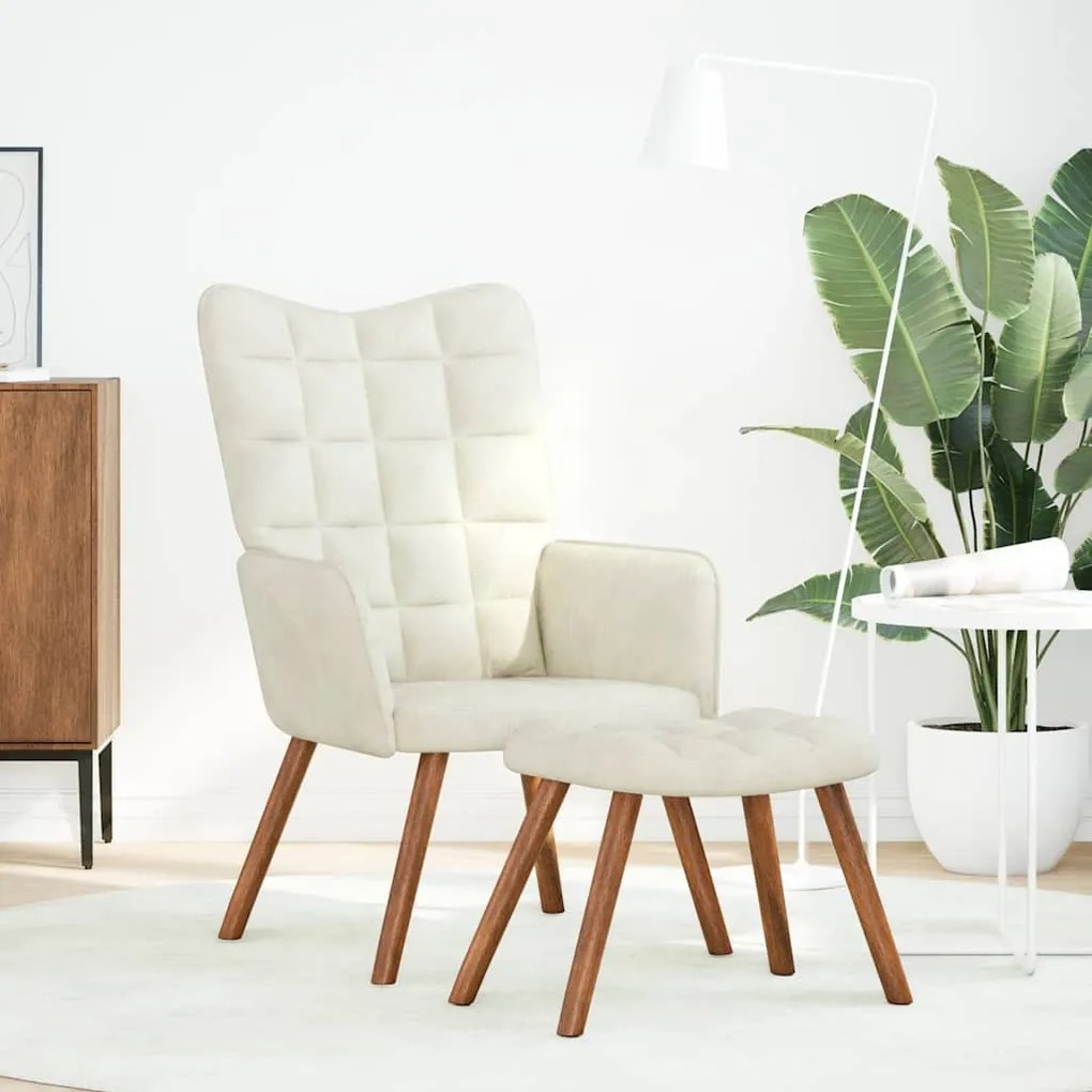 Cadeira de relaxamento com banco em veludo creme