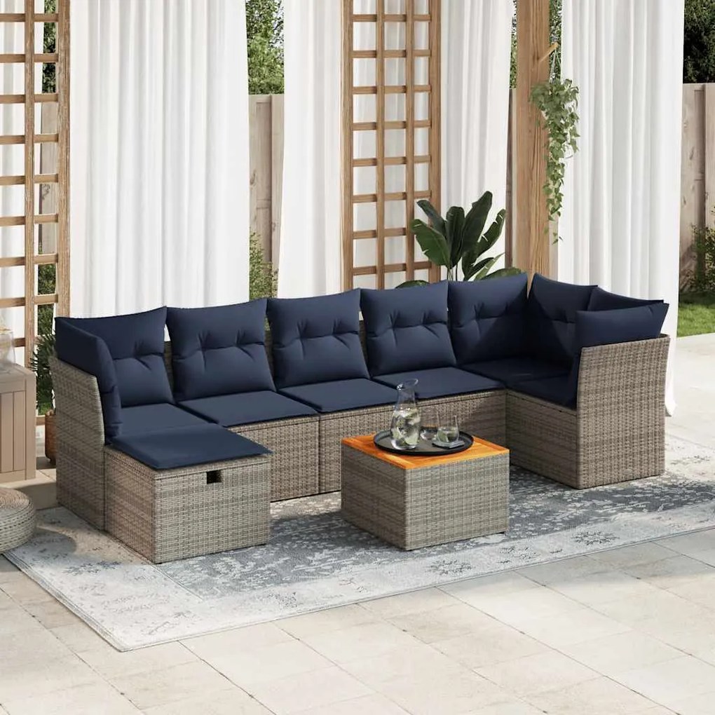 8 pcs conjunto sofás de jardim c/ almofadões vime PE cinzento