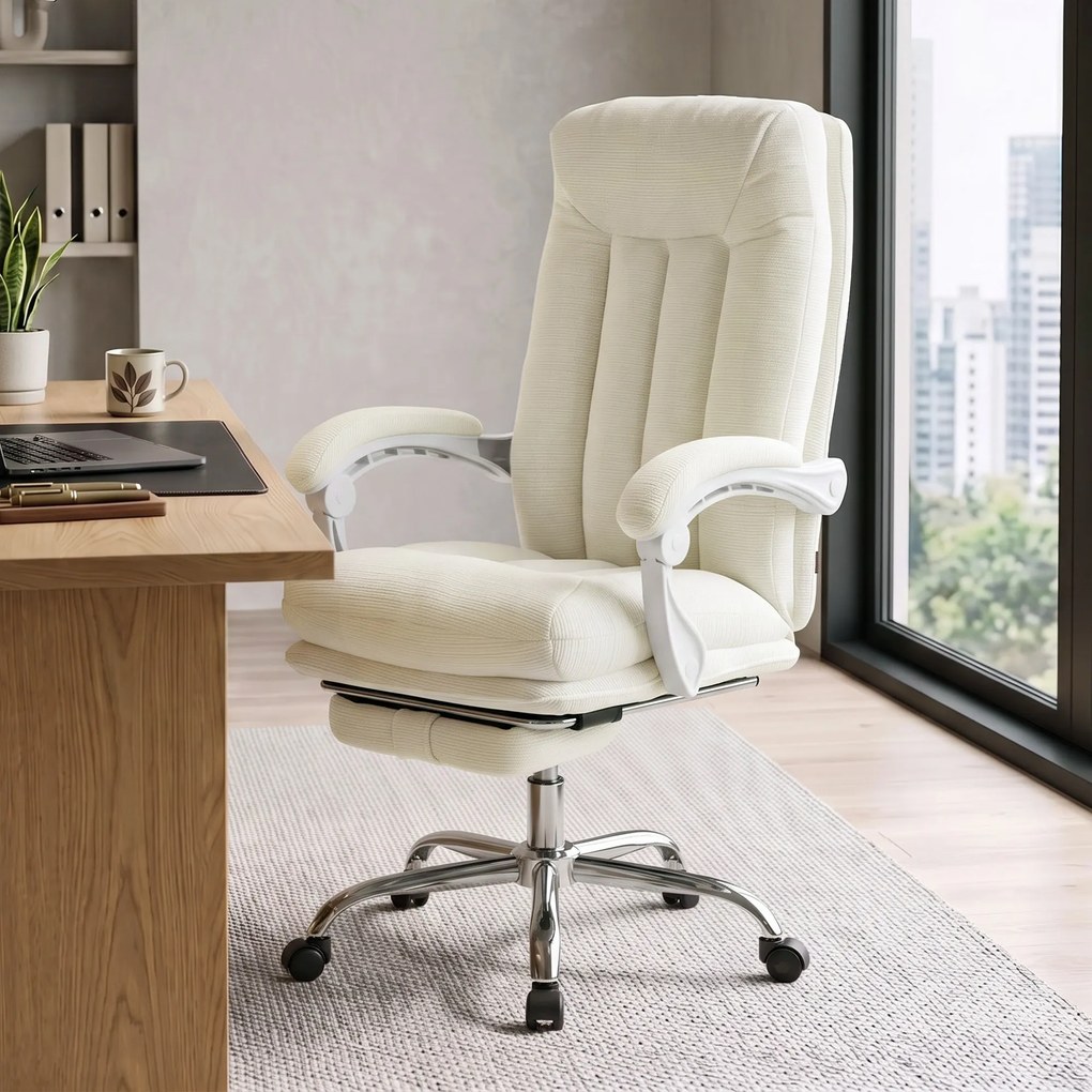 Cadeira de escritório ergonómica, reclinável em chenille, altura ajustável, apoio para os pés, creme