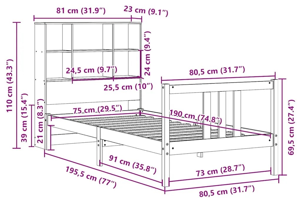 Cama com estante sem colchão 75x190 cm pinho maciço