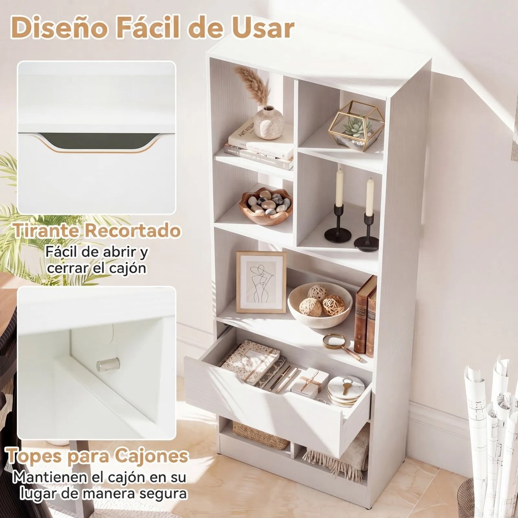 Estante Livreira com Gaveta, 50 x 24 x 130 cm, 7 Compartimentos, Branco