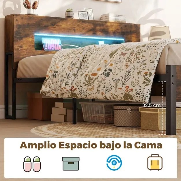 Estrutura Cama 200 x 140 cm com luzes LED (COLCHÃO NÃO INCLUIDO), cabeceira com espaço de armazenamento, tomadas elétricas e estrado de ripas Castanho