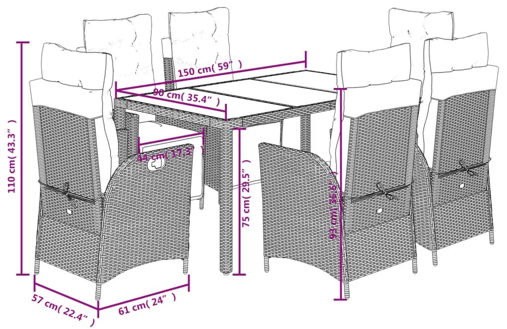 7 pcs conjunto de jantar p/ jardim c/ almofadões vime PE preto