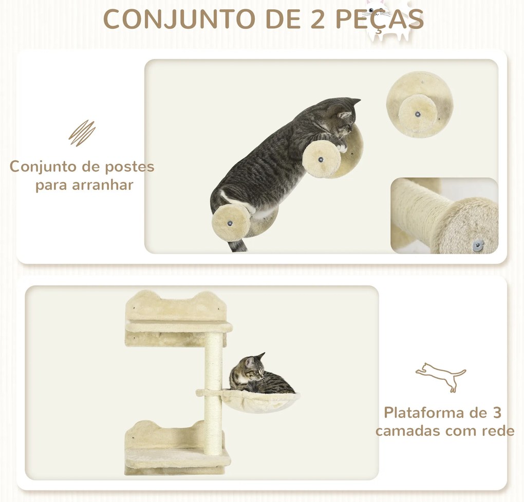 Conjunto de Prateleiras de Parede para Gatos de 4 Peças com 3 Postes de Sisal Rede e 1 Plataforma para Saltar de 3 Níveis Bege