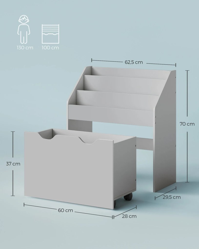 Estante para brinquedos com 3 níveis de prateleiras sobre Rodas 29,5 x 62,5 x 70 cm Cinzento