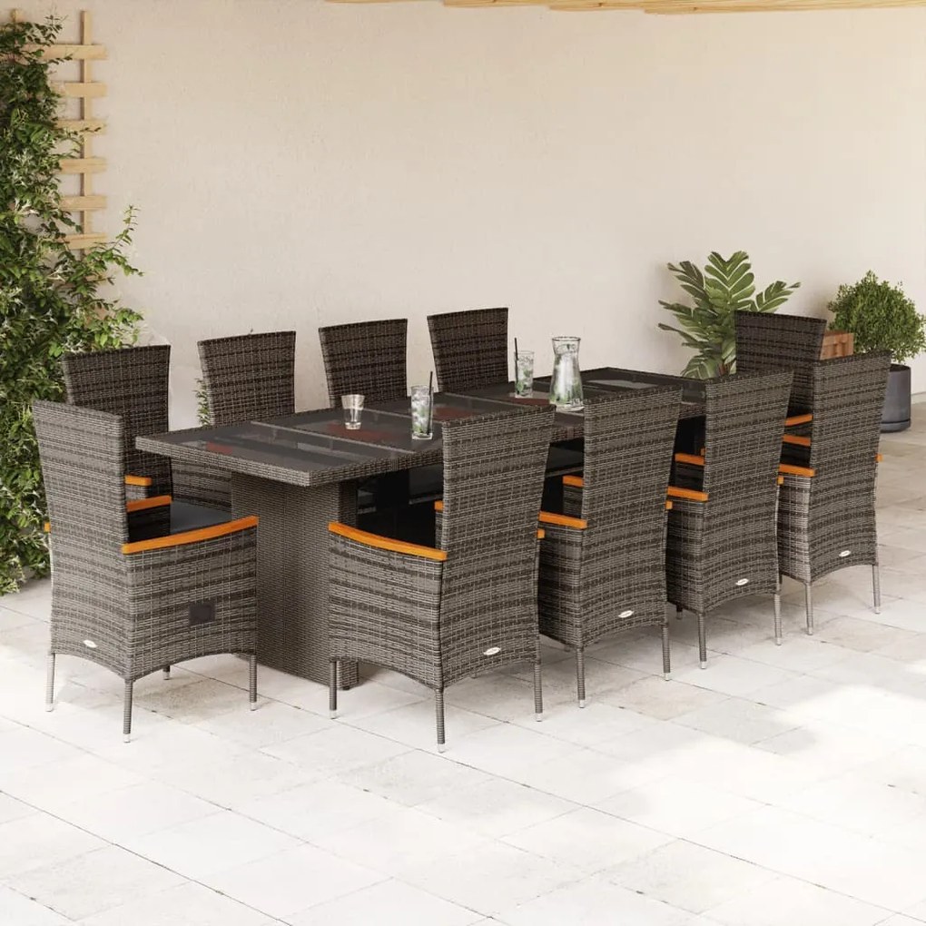 vidaXL 11 pcs conjunto jantar p/ jardim c/ almofadões vime PE cinzento