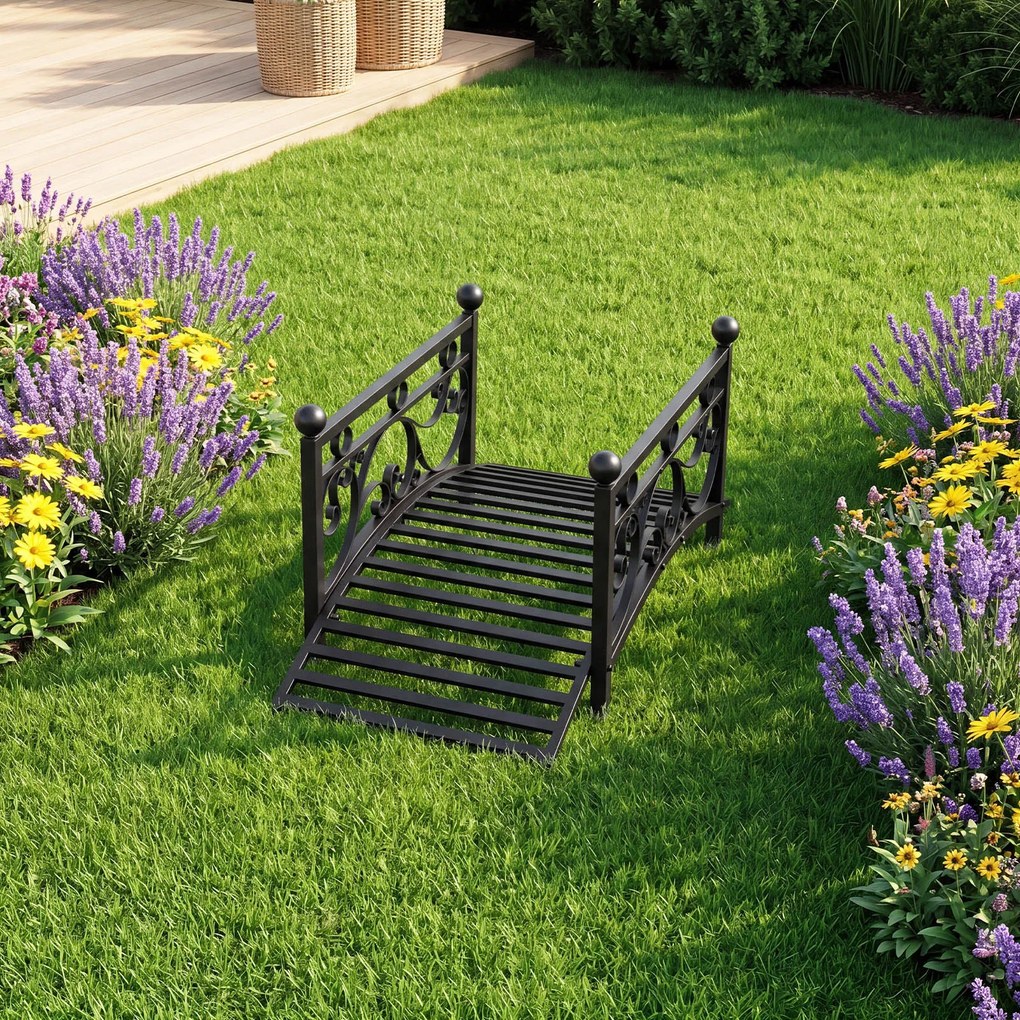 Ponte de jardim metálica decorativa 101,5 x 45 x 43,5 cm com corrimões laterais e motivos estéticos, com capacidade de carga de 150 kg, para lago, pát