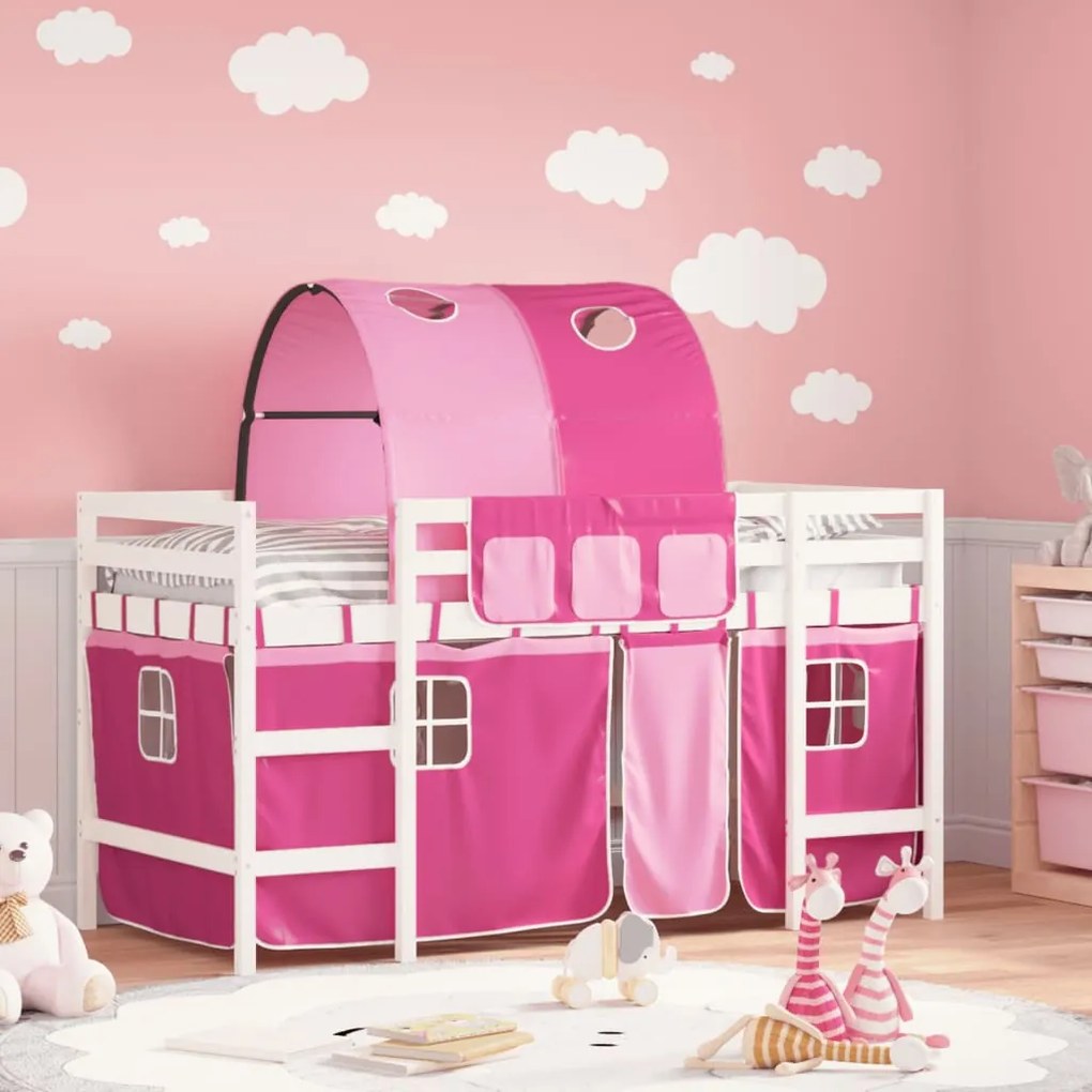 vidaXL Cama alta p/ criança c/ túnel 80x200 cm pinho maciço rosa