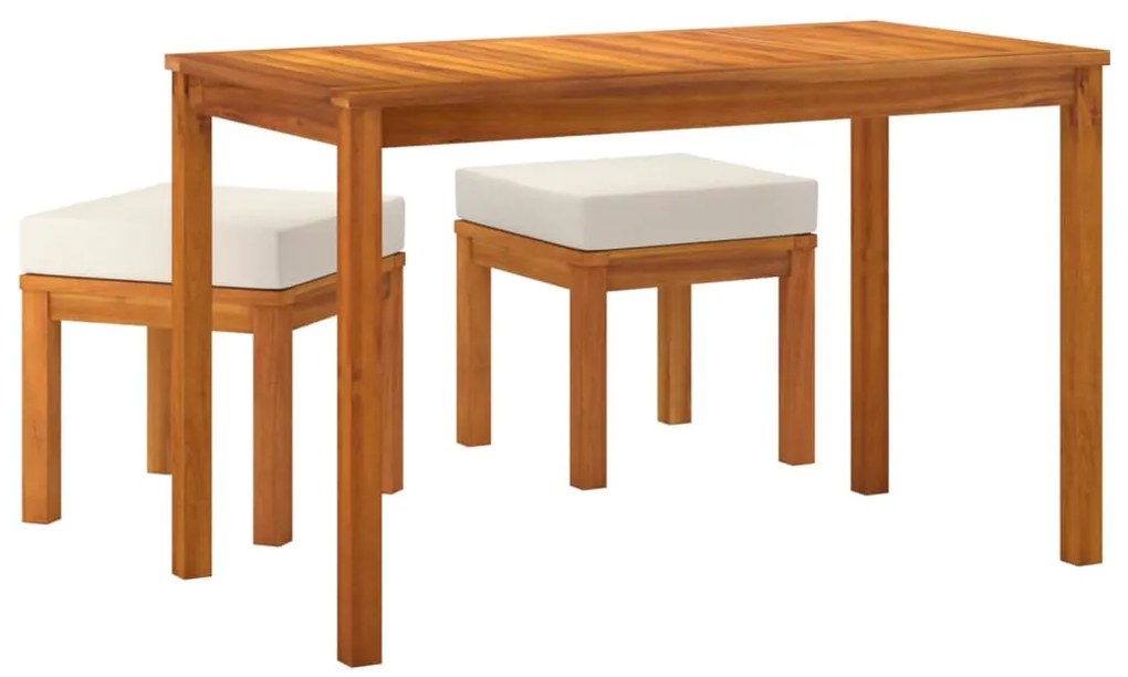 3 pcs conjunto de jantar p/ jardim c/ almofadões acácia maciça