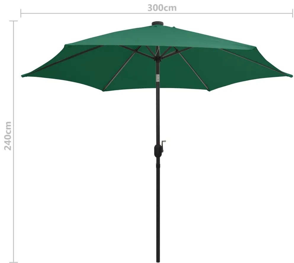Guarda-sol de jardim c/ luzes LED e poste alumínio 300 cm verde