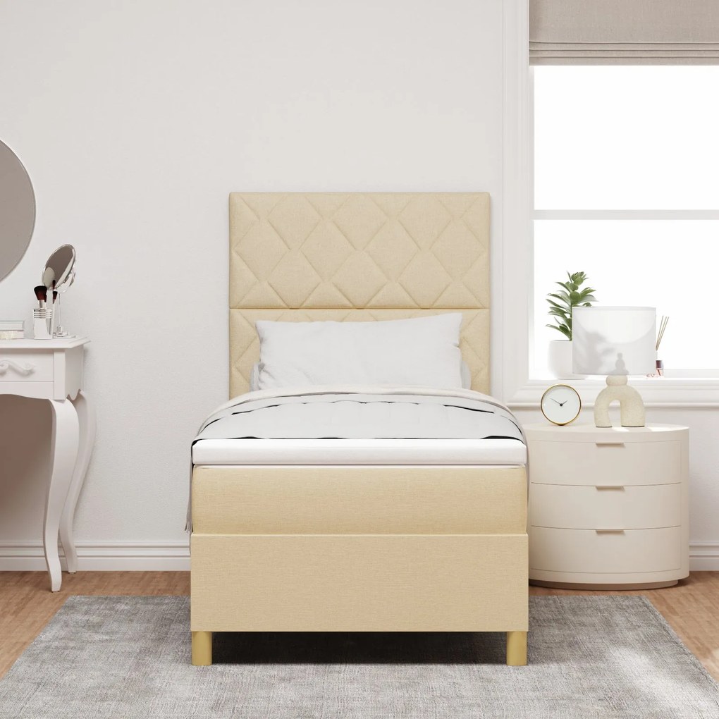 Cama Box Spring com Colchão &amp; LED Creme 90x190 cm Tecido