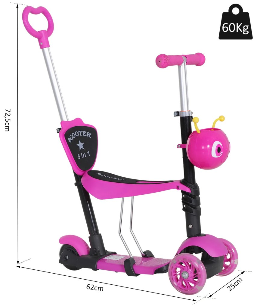 5 em 1trotinete para crianças de acima de 1 ano 3 rodas trotinete com assento removível guiador ajustável 62x25x72,5 cm Rosa