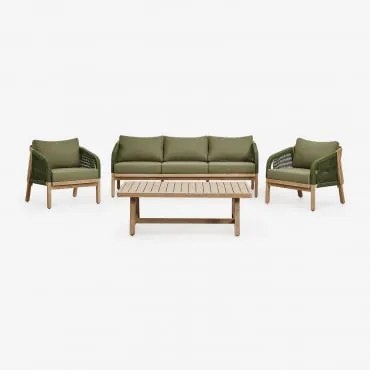 Conjunto De Jardim Com Sofá De 3 Lugares, 2 Poltronas E Mesa De Centro Em Madeira De Acácia Dubai Verde Exército & Castanho Acácia Rústico - Sklum