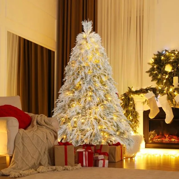 Árvore de Natal com neve de 192 cm com luzes LED brancas quentes Agulhas de pinheiro e folhas de salgueiro Decoração pré-iluminada Verde e Branco