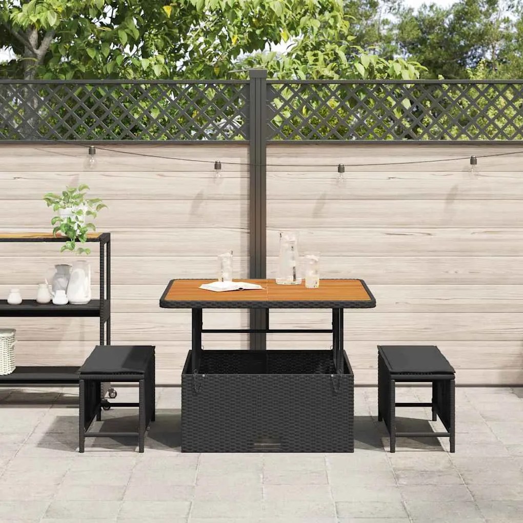 Conjunto de Jantar de Jardim com Almofadas Preto Rattan Acácia