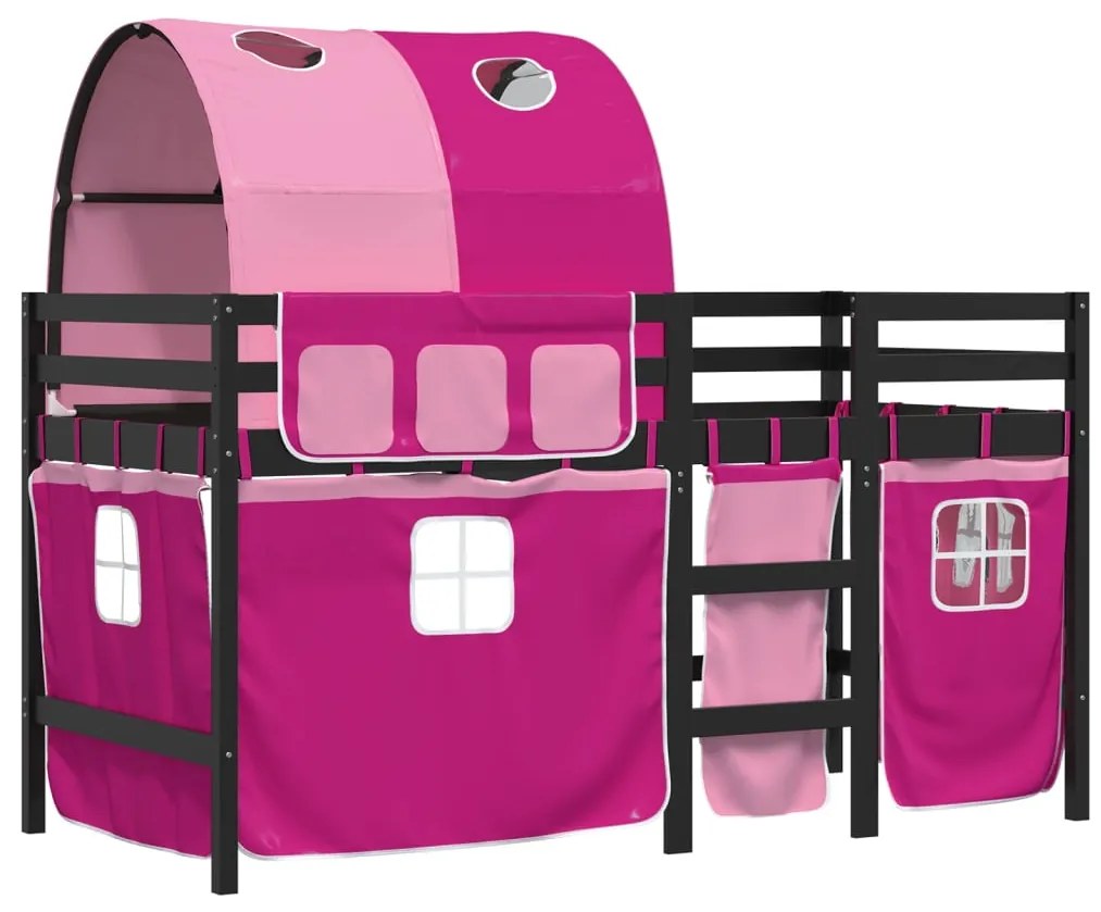 Cama alta para criança com túnel 90x190 cm pinho maciço rosa