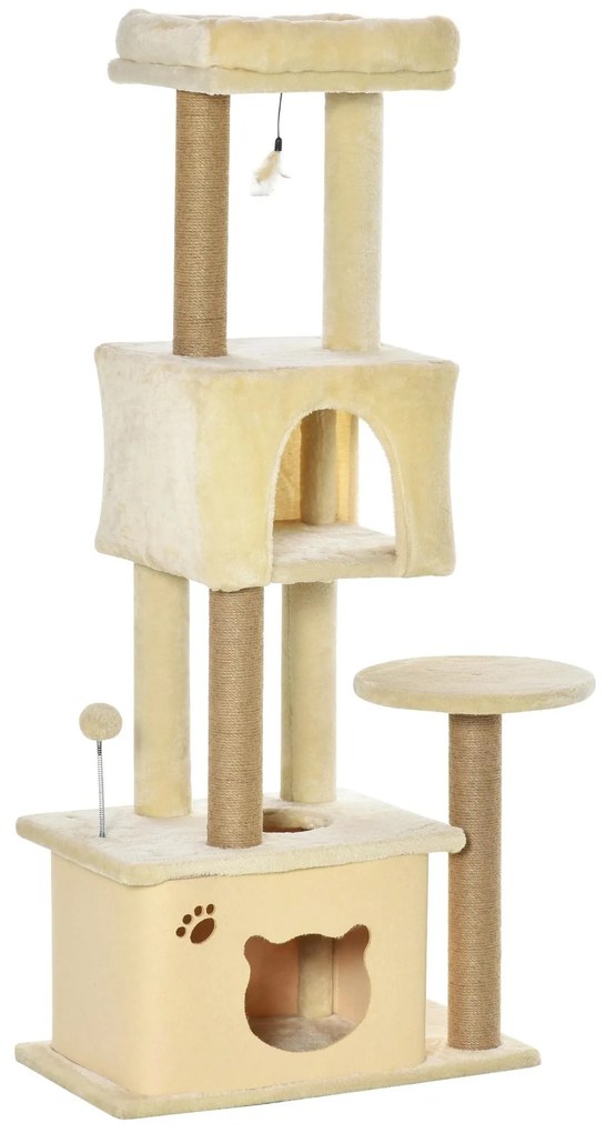 PawHut Árvore Arranhador para Gatos Centro de Atividades com Plataformas Cavernas de Felpa Suave Postes para Arranhar de Juta Bola Brinquedo Suspenso 60x34x136cm Bege