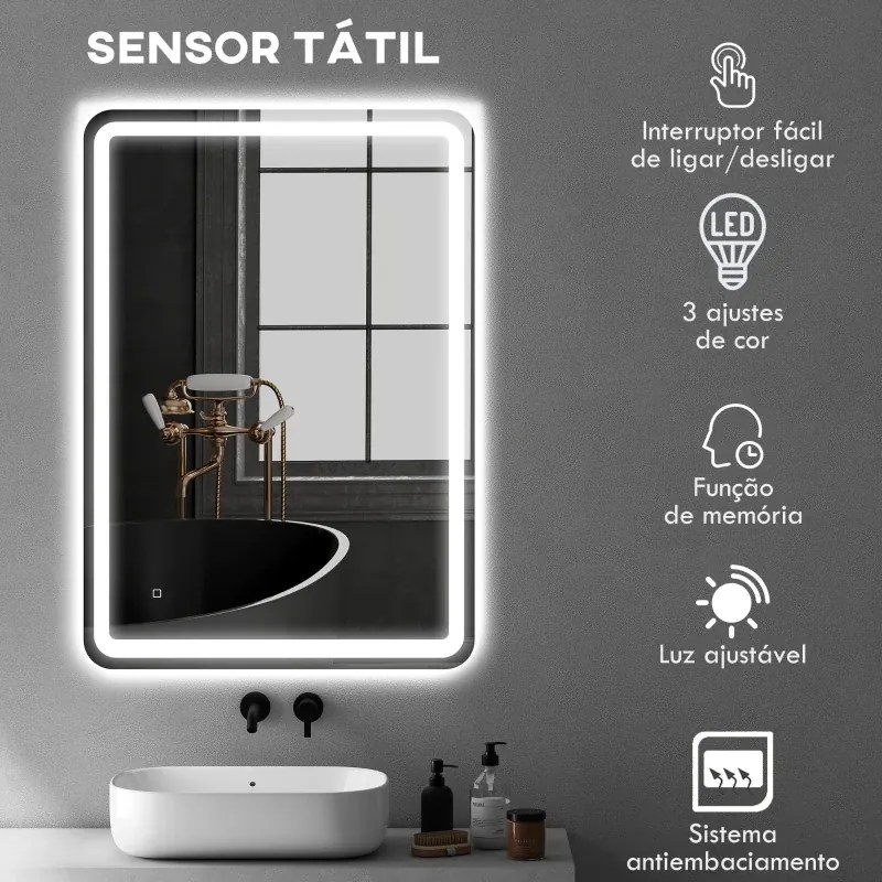 Espelho Casa de Banho com Luzes LED 70x100 cm Função Antiembaciamento 3 Temperaturas de Cor Ajustável e Função de Memória Prata