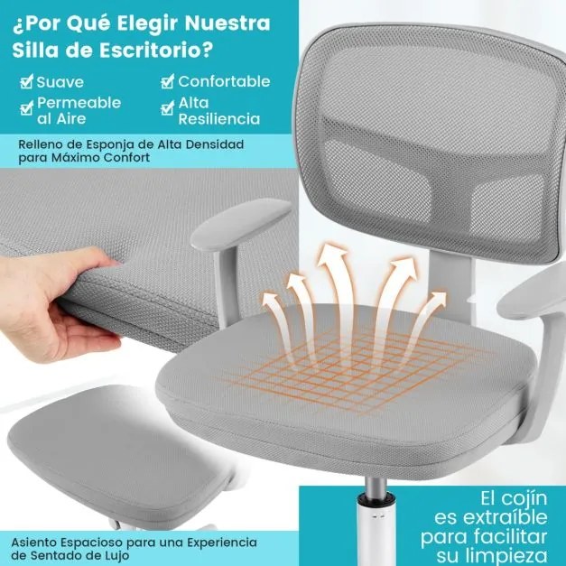 Cadeira Secretária para Crianças Ergonómica com Rodas Cadeira Giratória Altura Ajustável Apoio Lombar Cinza
