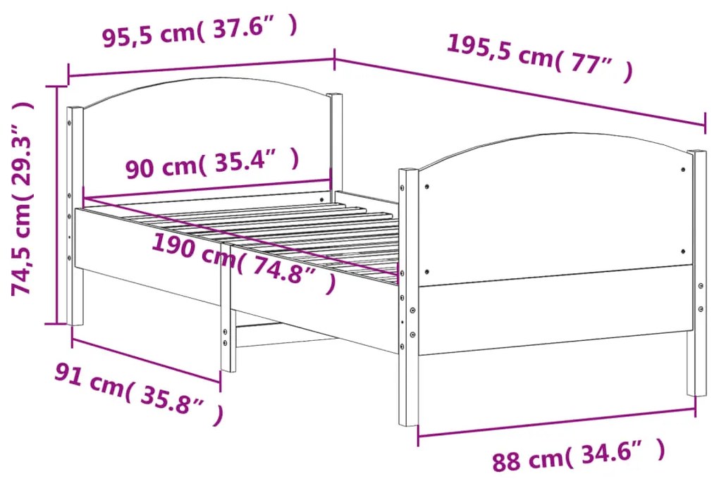 Estrutura de cama com cabeceira 90x190 cm pinho maciço