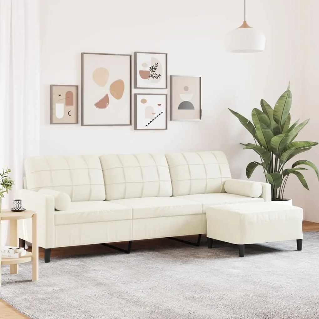 Sofá de 3 lugares com apoio de pés 210 cm veludo cor creme