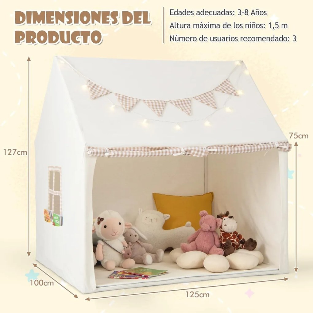 Tenda de Crianças com Tapete Acolchoado 125 x 100 x 127 cm, Luzes de Estrelas e Bandeirinhas Quadradas, Janelas e Portas Enroláveis para Crianças de 3