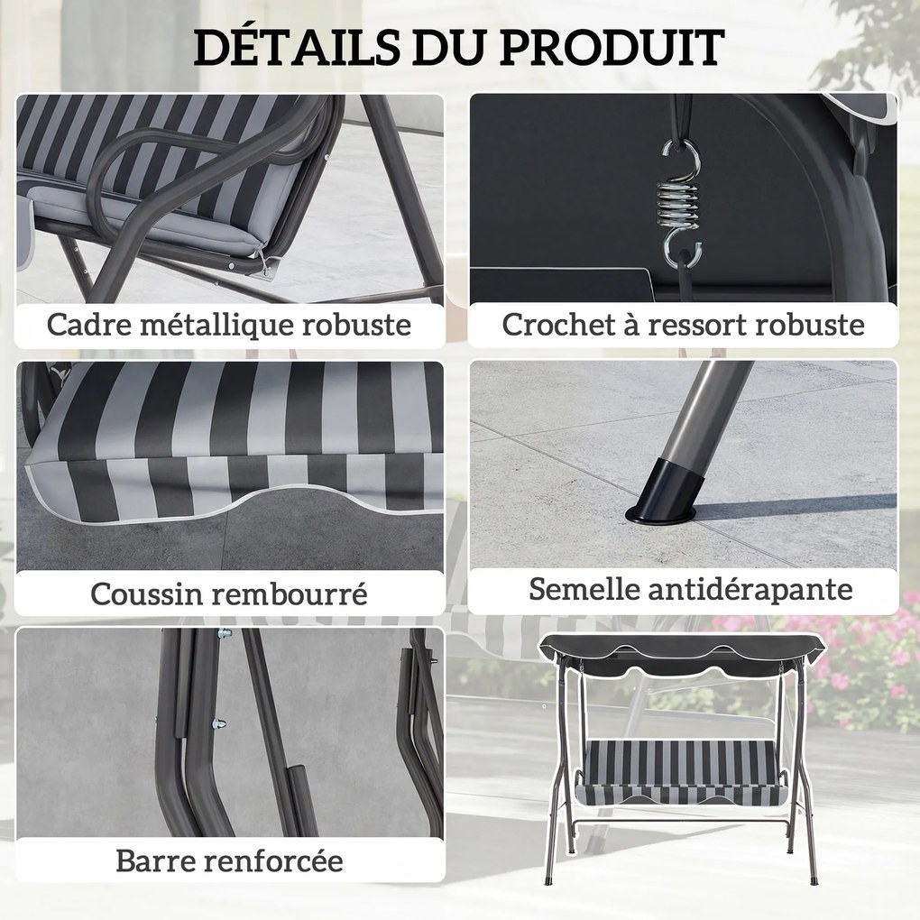 Baloiço de jardim de 3 lugares com cobertura impermeável, inclinação ajustável e almofadas de assento e encosto em cinzento e branco às riscas
