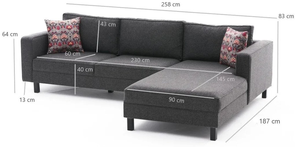 ****
Sofá de Canto Kale – Antracite – 258 x 83 x 181 cm
**