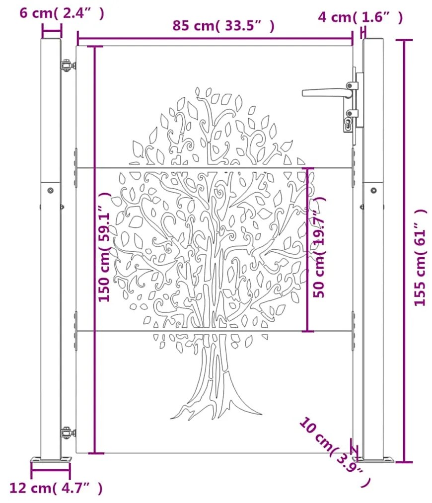 Portão de jardim 105x155 cm aço corten design árvore
