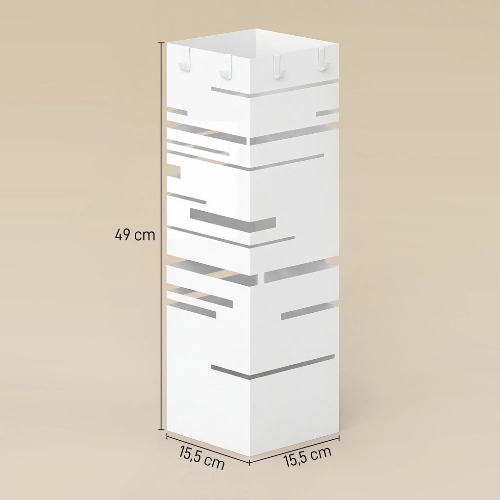 Suporte para Guarda Chuva Metálico com 4 Ganchos e Bandeja de Recolha de Gotas Removível  15,5x15,5x49 cm Branco