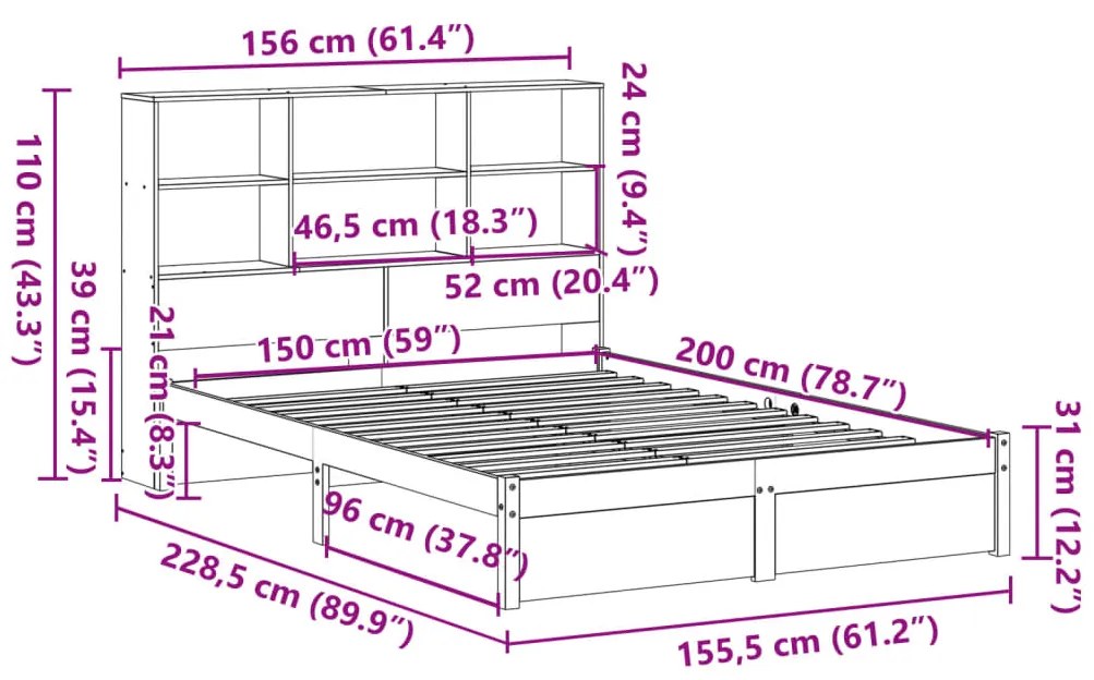 Cama com estante sem colchão 150x200 cm pinho maciço