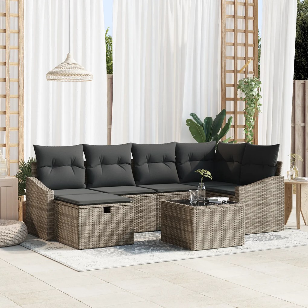 Conjunto de Sofá de Jardim de 7 peças com Almofadas Cinza Vime Sintéti