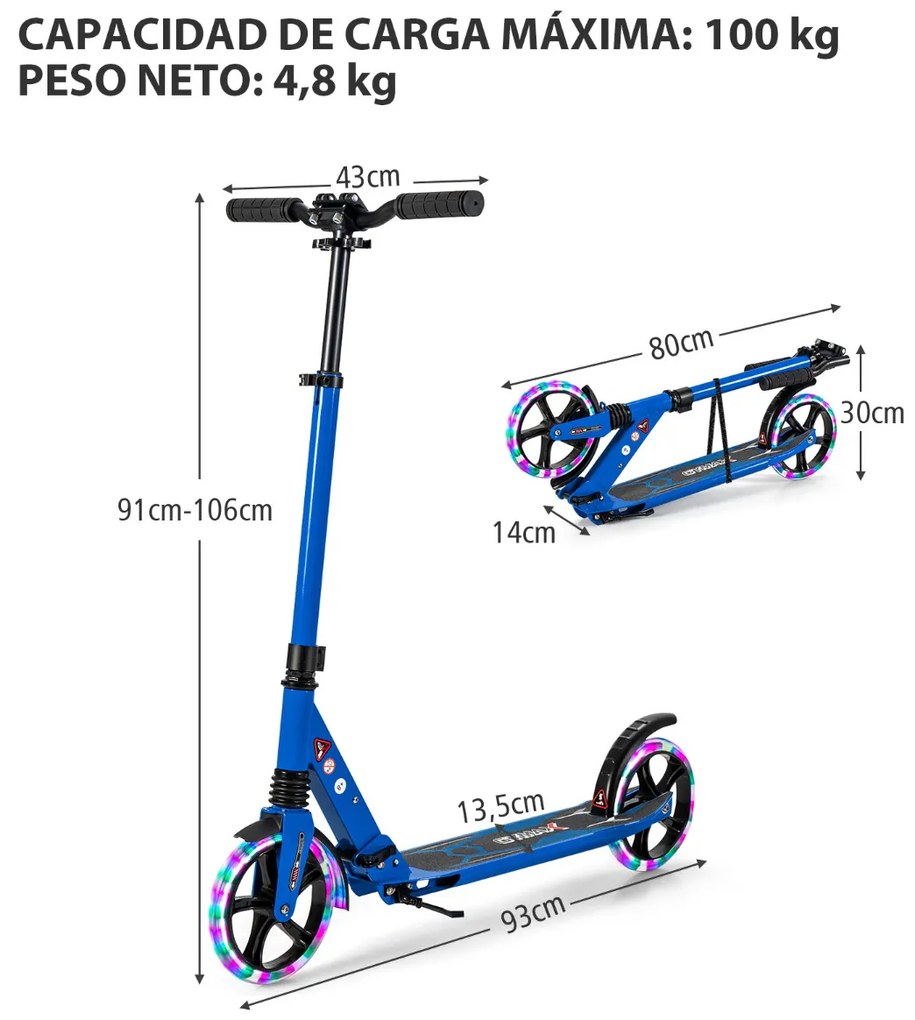 Trotinete dobrável com luzes LED para crianças Guiador com altura ajustável 93 x 43 x 91-106 cm Azul