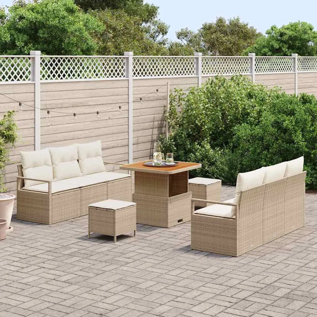 Conjunto de Sofás de Jardim 9 Peças com Almofadas Bege em Rattan Sinté