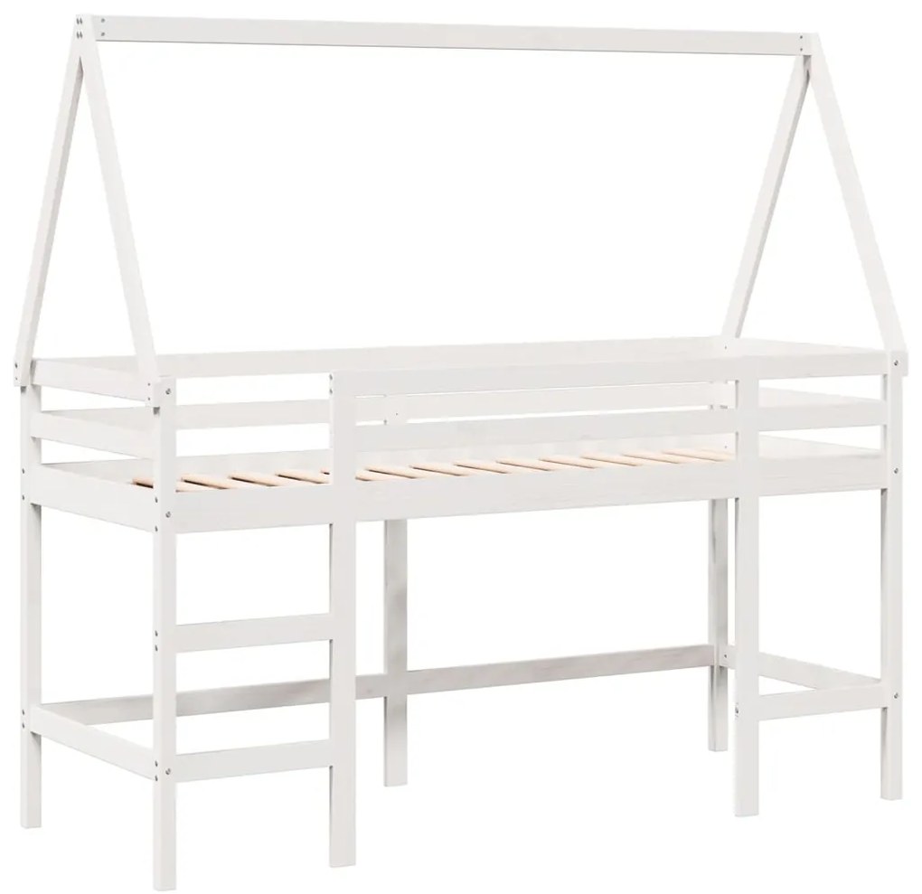 Cama alta c/ escada e telhado 80x200 cm pinho maciço branco