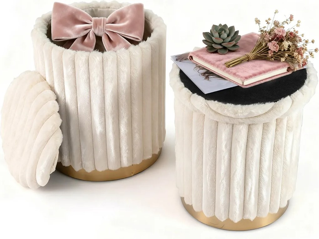 Conjunto de 2 pufe modernos 32 L + 21 L Pufes redondos estofados em pele de coelho com tampas removíveis e espaço bege