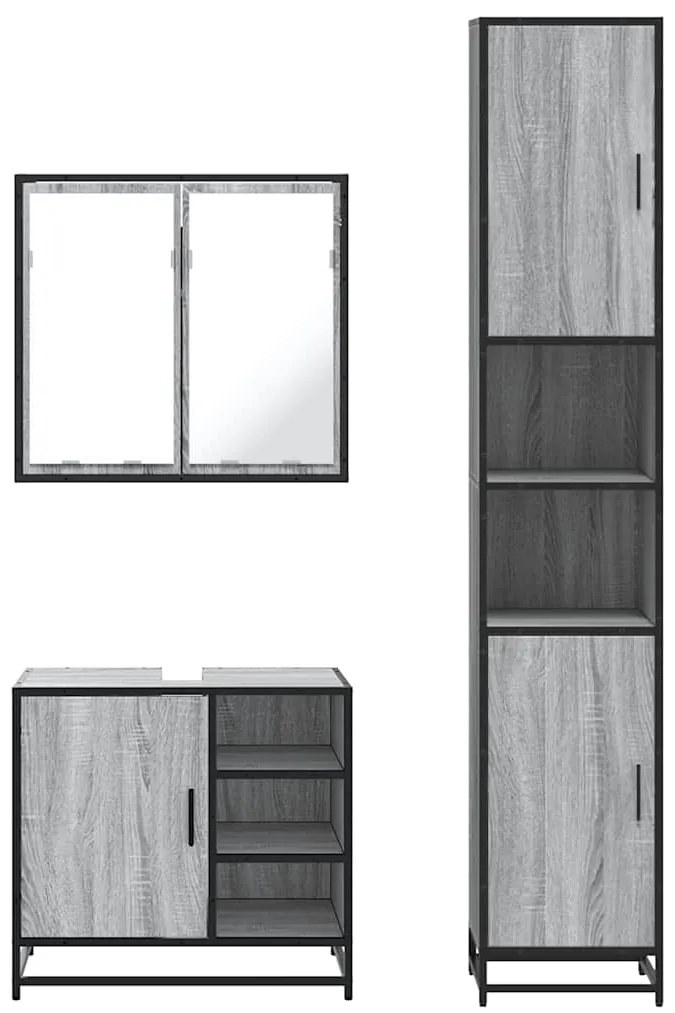 3 pcs Conjunto móveis casa de banho madeira proc. cinza sonoma