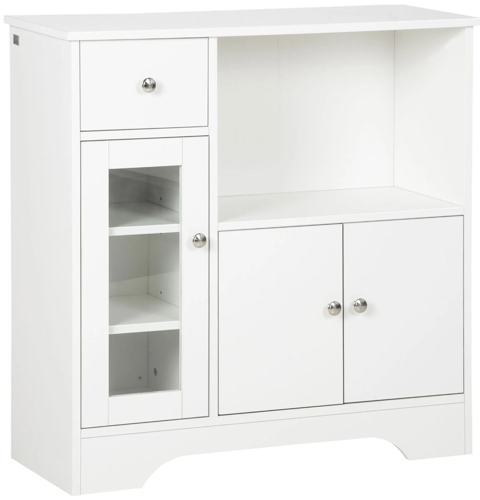 HOMCOM Aparador Moderno com Porta de Vidro Gaveta Prateleira Aberta e Prateleiras Ajustáveis Móvel Auxiliar 80x30x82cm Branco | Aosom Portugal