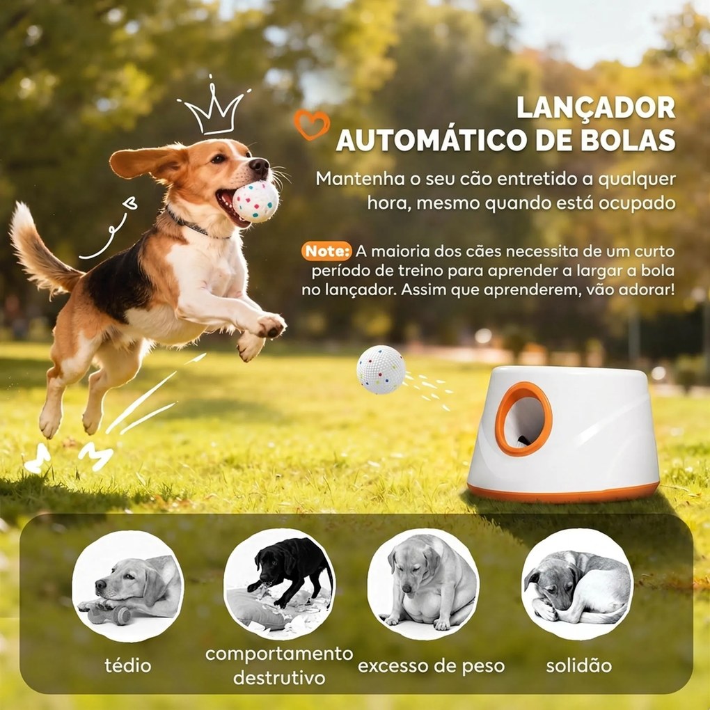 Lançador Automático de Bolas para Cães com 6 Bolas em ETPU e 3 Distâncias Ajustáveis 6/10/14 m, Laranja