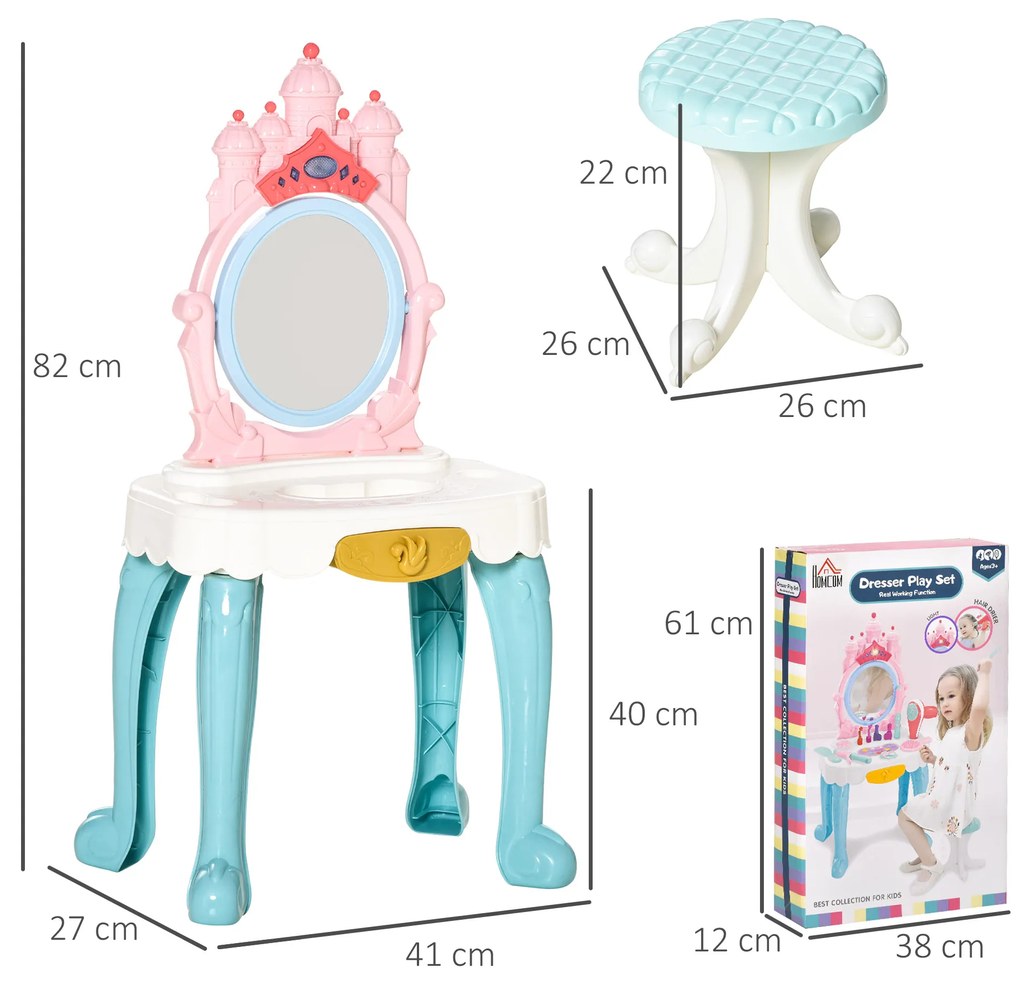 HOMCOM Toucador Infantil com Banco Espelho com Luz Música Secador e 20 Acessórios Toucador de Maquilhagem para Crianças acima de 3 Anos 41x27x82cm Multicolor