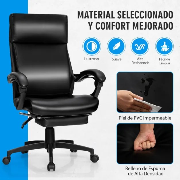 Cadeira de escritório ergonômica reclinável com apoio para os pés retrátil Cadeira giratória ajustável com altura de carga 150 kg 62 x 71,5 x 109-119