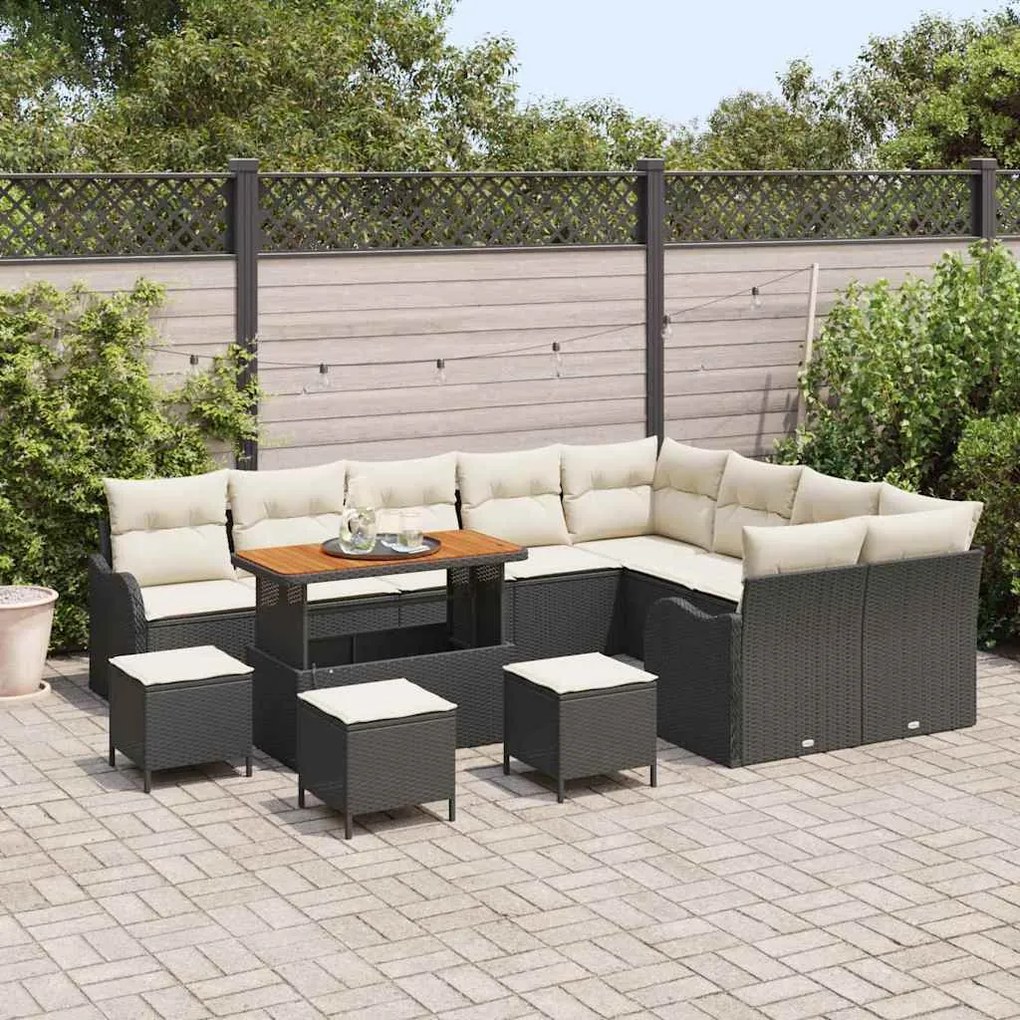 Conjunto de Sofá de Jardim de 13 Peças com Almofadas Preto Vime Poliés